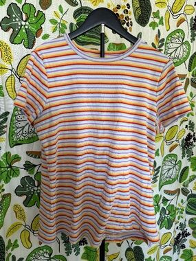 Duluth Trading Co Longtail T Size L Rainbow Stripe Short Sleeve Cotton Tee